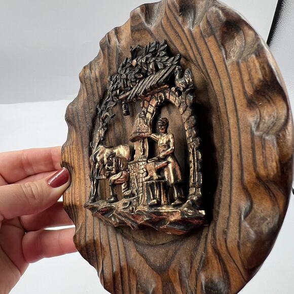 Vintage Wooden Carved Round Wall Hanging Decor Metal Copper Tone Blacksmith - Picture 4 of 8